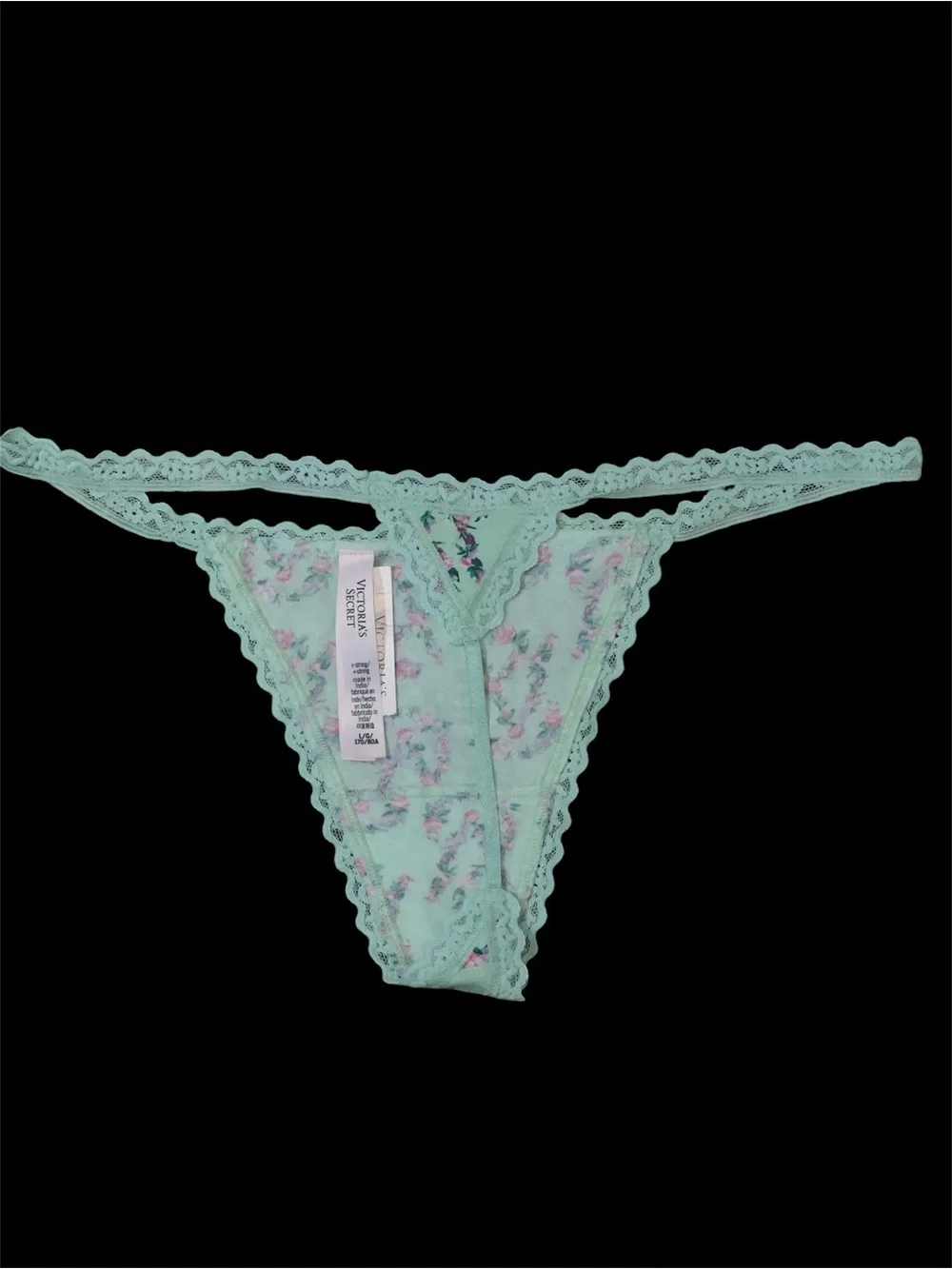 Victoria's Secret Mint Floral Lace-Trim Thong size Large